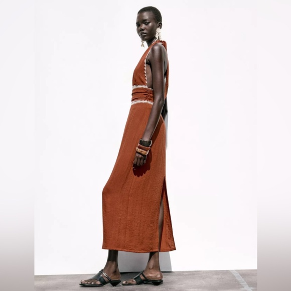 Zara Terracotta Embroidered Midi Dress - Picture 10 of 15
